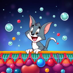 A playful cartoon cat resembling Tom from Tom and Jerry, happily navigating through the process of simple diffusion across a colorful cell membrane