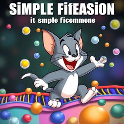 A playful cartoon cat resembling Tom from Tom and Jerry, happily navigating through the process of simple diffusion across a colorful cell membrane