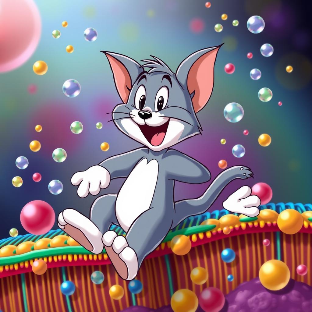 A playful cartoon cat resembling Tom from Tom and Jerry, happily navigating through the process of simple diffusion across a colorful cell membrane