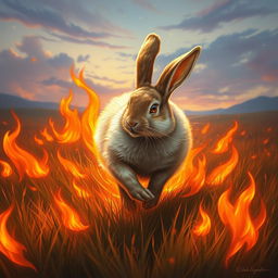 A stunning fantasy portrait-style illustration of a rabbit energetically running through a vast field engulfed in vivid flames, yet the rabbit remains untouched and unburned