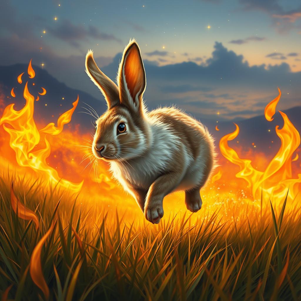 A stunning fantasy portrait-style illustration of a rabbit energetically running through a vast field engulfed in vivid flames, yet the rabbit remains untouched and unburned