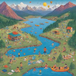 A lively poster with various illustrations of recreational activities like playing football, hiking in the mountains, swimming, playing guitar, and reading a book, each activity in its unique colourful environment.