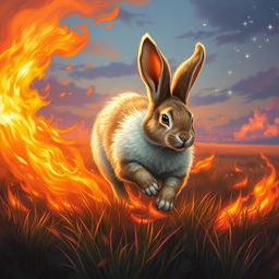 A stunning fantasy portrait-style illustration of a rabbit energetically running through a vast field engulfed in vivid flames, yet the rabbit remains untouched and unburned