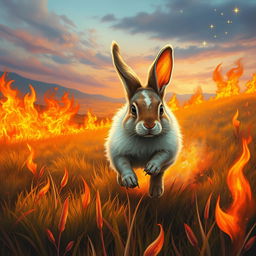 A stunning fantasy portrait-style illustration of a rabbit energetically running through a vast field engulfed in vivid flames, yet the rabbit remains untouched and unburned