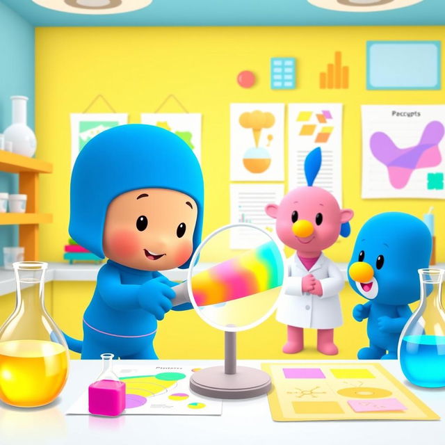 Pocoyo, the beloved character, is in a bright and cheerful laboratory setting, examining a colorful membrane with great curiosity