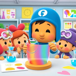 Pocoyo, the beloved character, is in a bright and cheerful laboratory setting, examining a colorful membrane with great curiosity