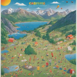 A lively poster with various illustrations of recreational activities like playing football, hiking in the mountains, swimming, playing guitar, and reading a book, each activity in its unique colourful environment.