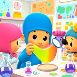 Pocoyo, the beloved character, is in a bright and cheerful laboratory setting, examining a colorful membrane with great curiosity