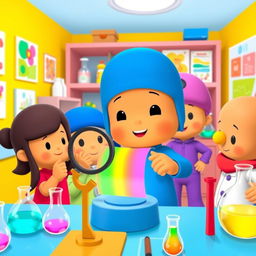 Pocoyo, the beloved character, is in a bright and cheerful laboratory setting, examining a colorful membrane with great curiosity