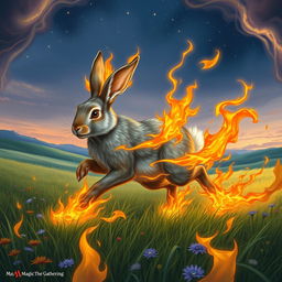 An enchanting fantasy illustration of a rabbit galloping through a lush green field, with vibrant, magical flames surrounding it, creating a striking visual effect as the rabbit is ablaze yet remains untouched by fire