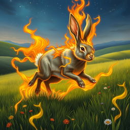 An enchanting fantasy illustration of a rabbit galloping through a lush green field, with vibrant, magical flames surrounding it, creating a striking visual effect as the rabbit is ablaze yet remains untouched by fire