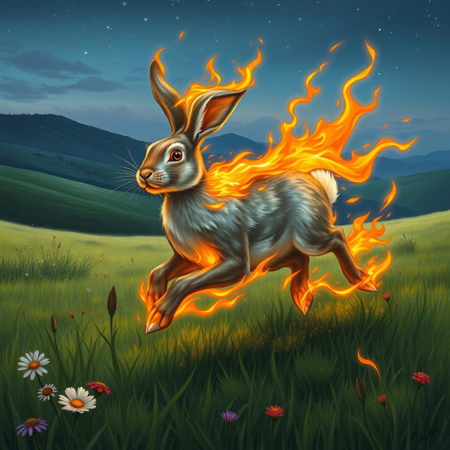 An enchanting fantasy illustration of a rabbit galloping through a lush green field, with vibrant, magical flames surrounding it, creating a striking visual effect as the rabbit is ablaze yet remains untouched by fire