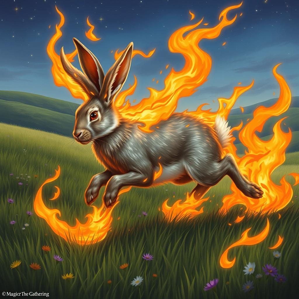 An enchanting fantasy illustration of a rabbit galloping through a lush green field, with vibrant, magical flames surrounding it, creating a striking visual effect as the rabbit is ablaze yet remains untouched by fire