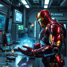 Iron Man, in his iconic red and gold suit, is in a high-tech laboratory setting, intently analyzing a glowing, futuristic membrane displayed on a holographic interface