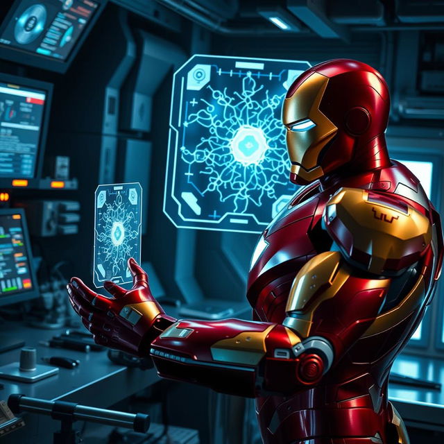 Iron Man, in his iconic red and gold suit, is in a high-tech laboratory setting, intently analyzing a glowing, futuristic membrane displayed on a holographic interface