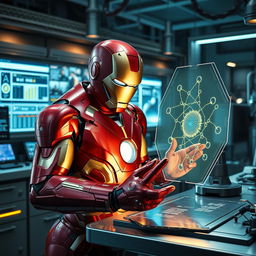 Iron Man, in his iconic red and gold suit, is in a high-tech laboratory setting, intently analyzing a glowing, futuristic membrane displayed on a holographic interface