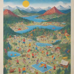 A lively poster with various illustrations of recreational activities like playing football, hiking in the mountains, swimming, playing guitar, and reading a book, each activity in its unique colourful environment.