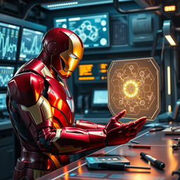 Iron Man, in his iconic red and gold suit, is in a high-tech laboratory setting, intently analyzing a glowing, futuristic membrane displayed on a holographic interface