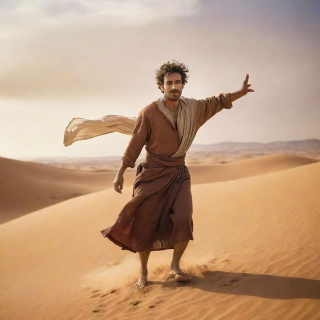 Santiago, the protagonist from Paulo Coelho's 'The Alchemist', magically transforming into a swirling gust of wind in a vivid desert landscape.