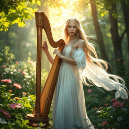 A beautiful female kjhita bard dressed in flowing white attire, standing gracefully with a harp in her hands