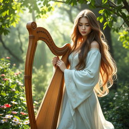 A beautiful female kjhita bard dressed in flowing white attire, standing gracefully with a harp in her hands