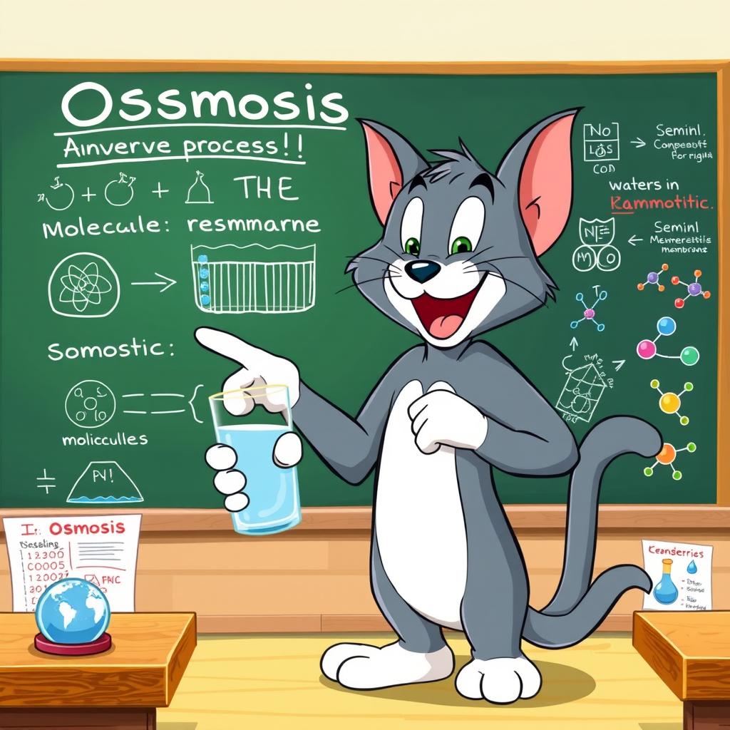 A playful cartoon cat resembling Tom from Tom and Jerry, animatedly explaining the concept of osmosis in a bright and colorful classroom setting