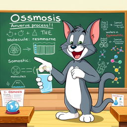 A playful cartoon cat resembling Tom from Tom and Jerry, animatedly explaining the concept of osmosis in a bright and colorful classroom setting