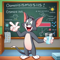 A playful cartoon cat resembling Tom from Tom and Jerry, animatedly explaining the concept of osmosis in a bright and colorful classroom setting