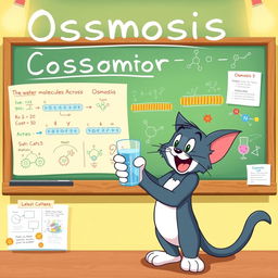 A playful cartoon cat resembling Tom from Tom and Jerry, animatedly explaining the concept of osmosis in a bright and colorful classroom setting