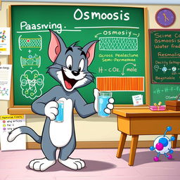 A playful cartoon cat resembling Tom from Tom and Jerry, animatedly explaining the concept of osmosis in a bright and colorful classroom setting