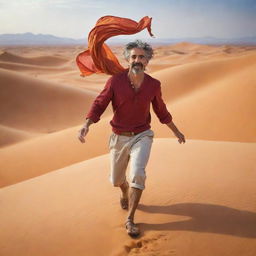 Santiago, the protagonist from Paulo Coelho's 'The Alchemist', magically transforming into a swirling gust of wind in a vivid desert landscape.