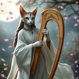 A stunning female Khajiit bard, gracefully poised and dressed in elegant white robes adorned with intricate patterns