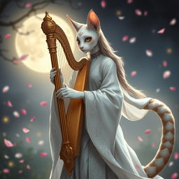 A stunning female Khajiit bard, gracefully poised and dressed in elegant white robes adorned with intricate patterns