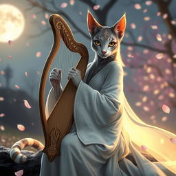 A stunning female Khajiit bard, gracefully poised and dressed in elegant white robes adorned with intricate patterns