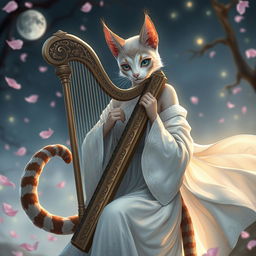 A stunning female Khajiit bard, gracefully poised and dressed in elegant white robes adorned with intricate patterns