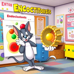 A charming cartoon cat resembling Tom from Tom and Jerry, energetically explaining the process of endocytosis in a vibrant and engaging classroom setting