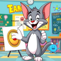 A charming cartoon cat resembling Tom from Tom and Jerry, energetically explaining the process of endocytosis in a vibrant and engaging classroom setting