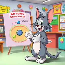 A charming cartoon cat resembling Tom from Tom and Jerry, energetically explaining the process of endocytosis in a vibrant and engaging classroom setting