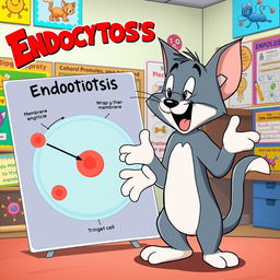 A charming cartoon cat resembling Tom from Tom and Jerry, energetically explaining the process of endocytosis in a vibrant and engaging classroom setting