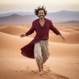 Santiago, the protagonist from Paulo Coelho's 'The Alchemist', magically transforming into a swirling gust of wind in a vivid desert landscape.