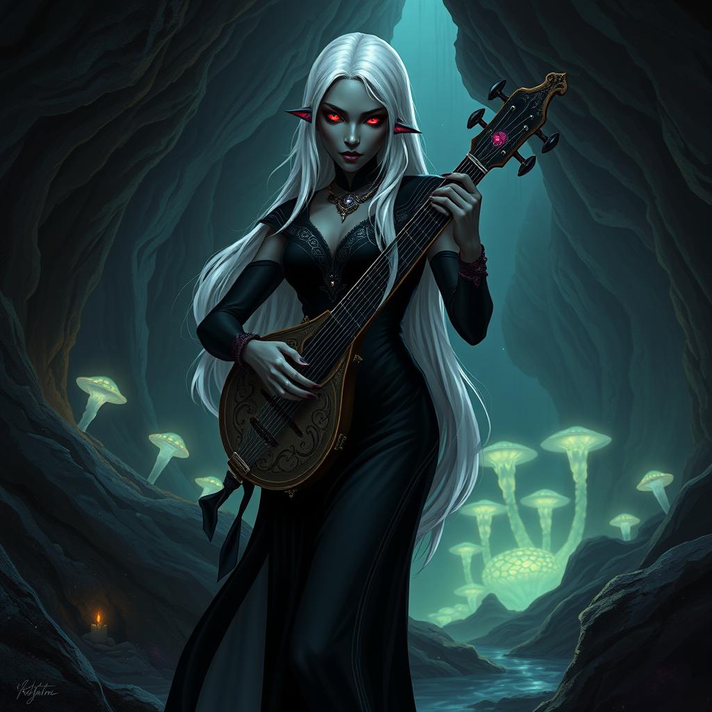 An enchanting female drow bard, dressed in elegant black attire that accentuates her lithe form