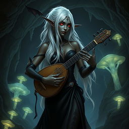 An enchanting female drow bard, dressed in elegant black attire that accentuates her lithe form