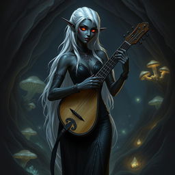 An enchanting female drow bard, dressed in elegant black attire that accentuates her lithe form