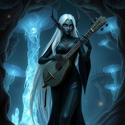 An enchanting female drow bard, dressed in elegant black attire that accentuates her lithe form