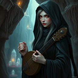 A captivating female drow bard, dressed in elegant black garments that flow gracefully around her