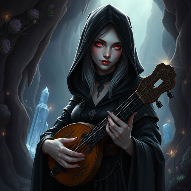 A captivating female drow bard, dressed in elegant black garments that flow gracefully around her