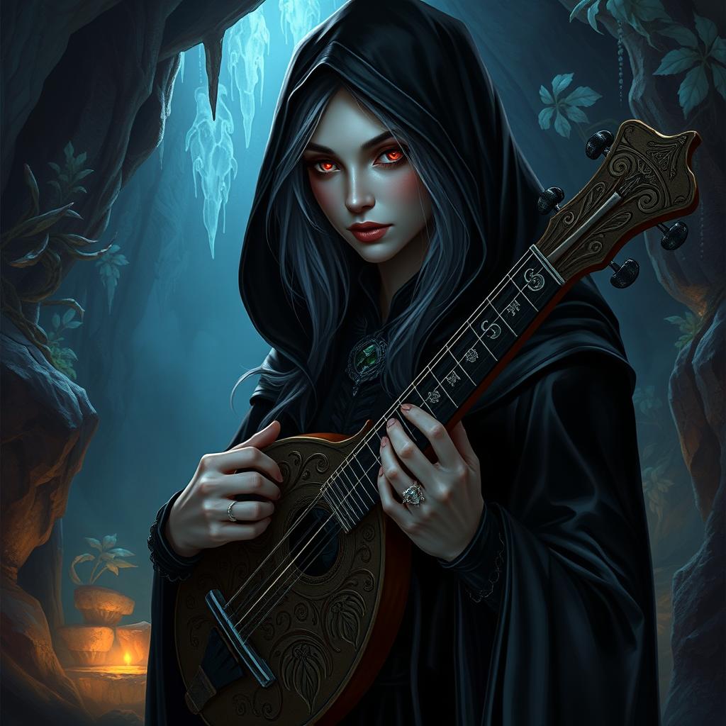 A captivating female drow bard, dressed in elegant black garments that flow gracefully around her