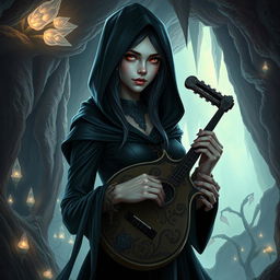 A captivating female drow bard, dressed in elegant black garments that flow gracefully around her