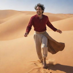 Santiago, the protagonist from Paulo Coelho's 'The Alchemist', magically transforming into a swirling gust of wind in a vivid desert landscape.