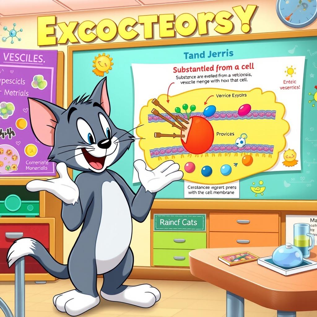 A lively cartoon cat resembling Tom from Tom and Jerry, enthusiastically demonstrating the process of exocytosis in a bright and engaging science classroom